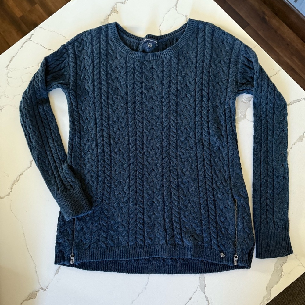 American Eagle Sweater Lightweight Blue Cable Knit Crewneck Zipped Sides Sz M